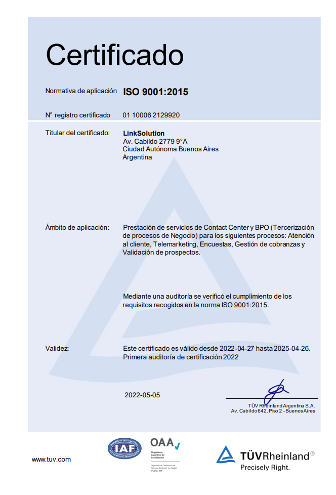 certificado ISO 9001 LinkSolution